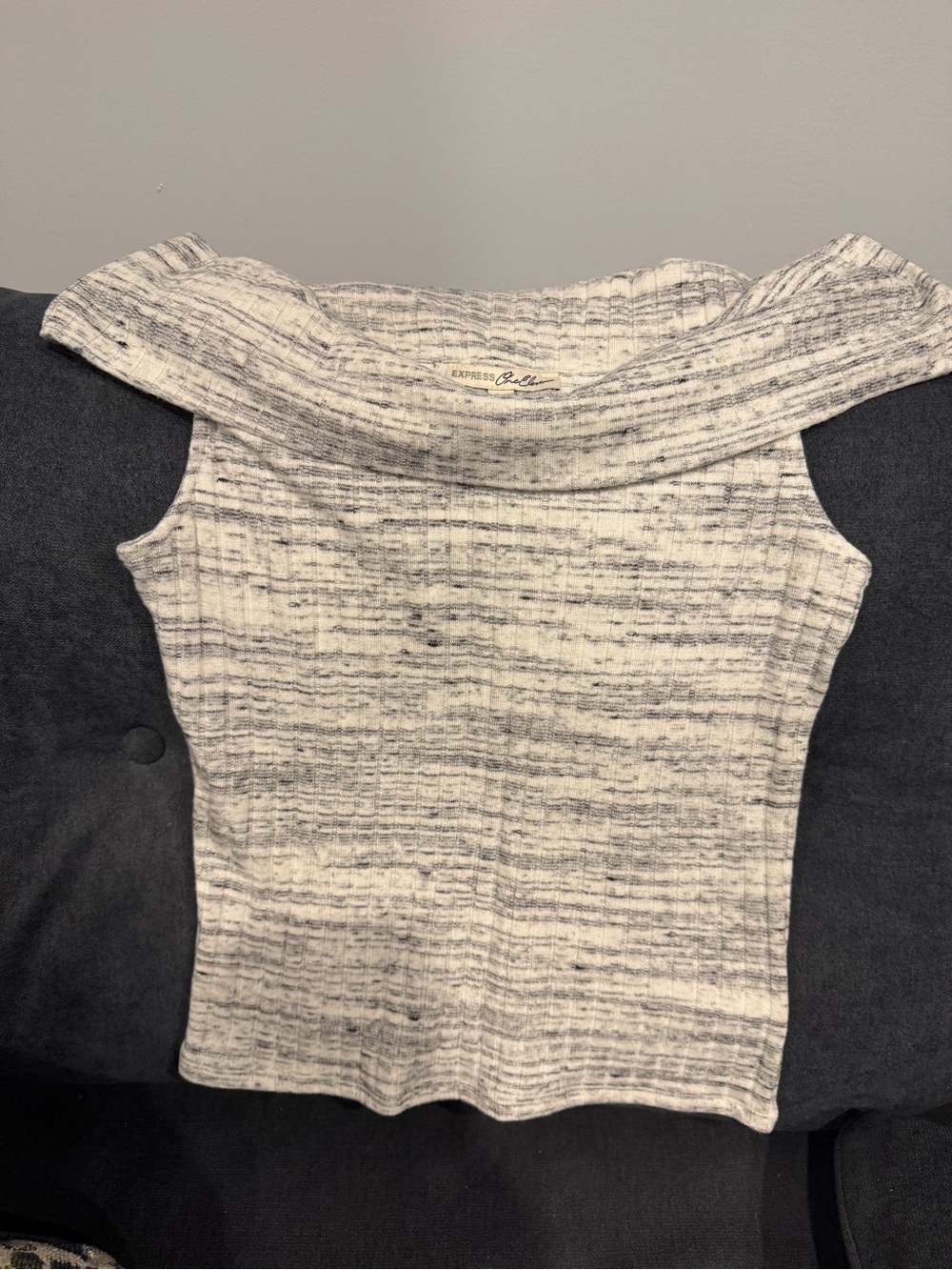Express Marled Off-Shoulder Knit Top - Gray & Cream